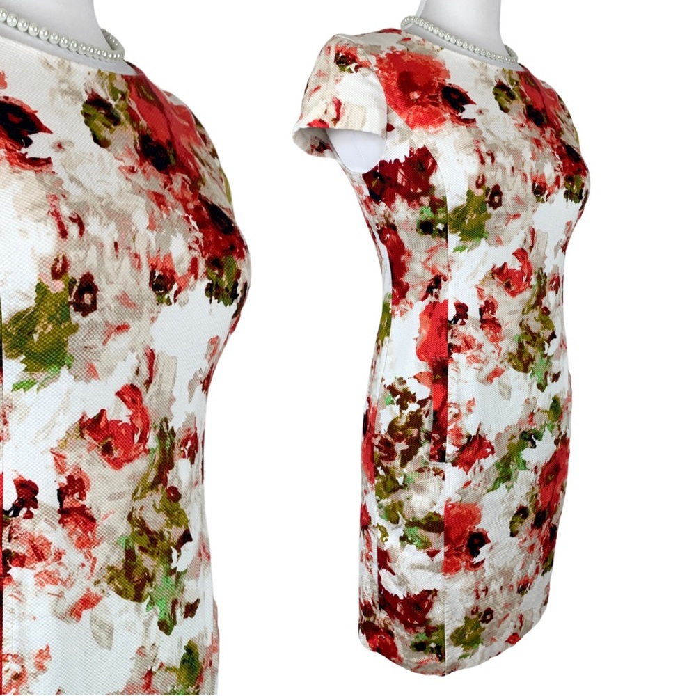 Liz Claiborne White Red Floral Boudreau Neckline Cap Sleeves Sheath Midi Dress 4 - Picture 3 of 15